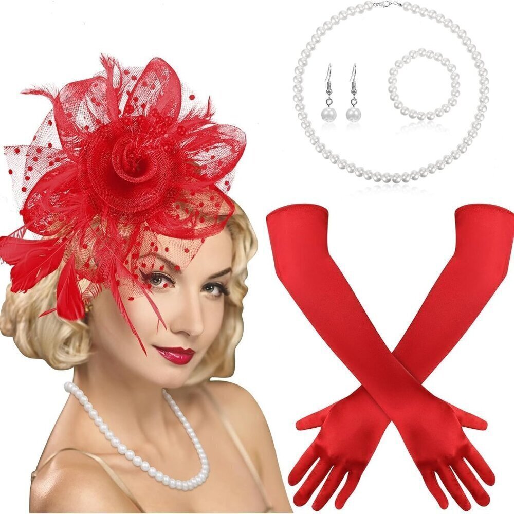 Women’s Fascinator Hat and Gloves Set Mesh Veil Pearl Jewelry for Tea Party